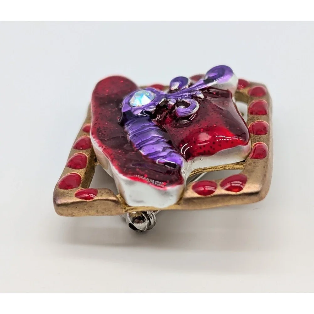 VTG AJMC Red Hat Lady Enamel Rhinestone Brooch Pin